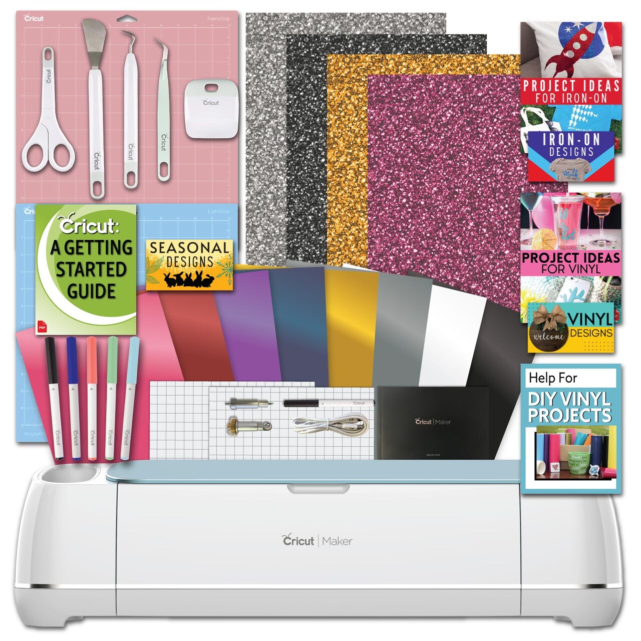 Cricut Maker Blue Machine Bundle with Iron-on, Vinyl, Tools, and Pen Set